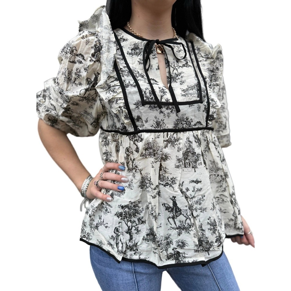 Umgee Sz L Pilgrim Babydoll Top Linen Blend Ruffle Tie Neck 3/4 Sleeve Shirt